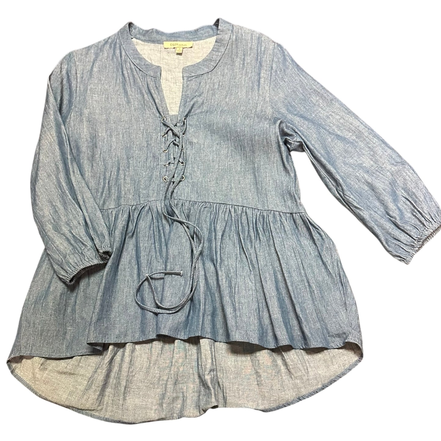 COZY CASUAL CHAMBRAY BLUE DENIM POPOVER BLOUSE 100 SMALL