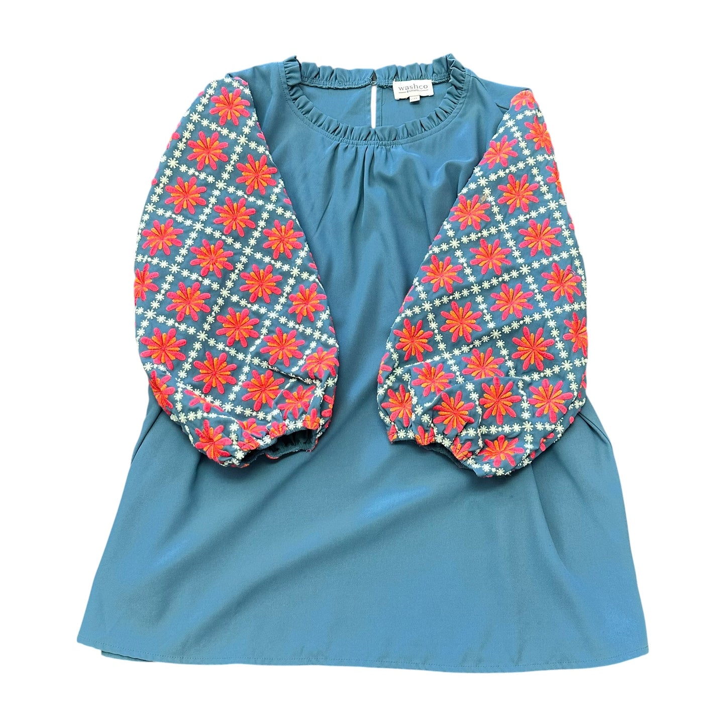 WASHCO BLUE EMBROIDERED SLEEVES BLOUSE 100 2X