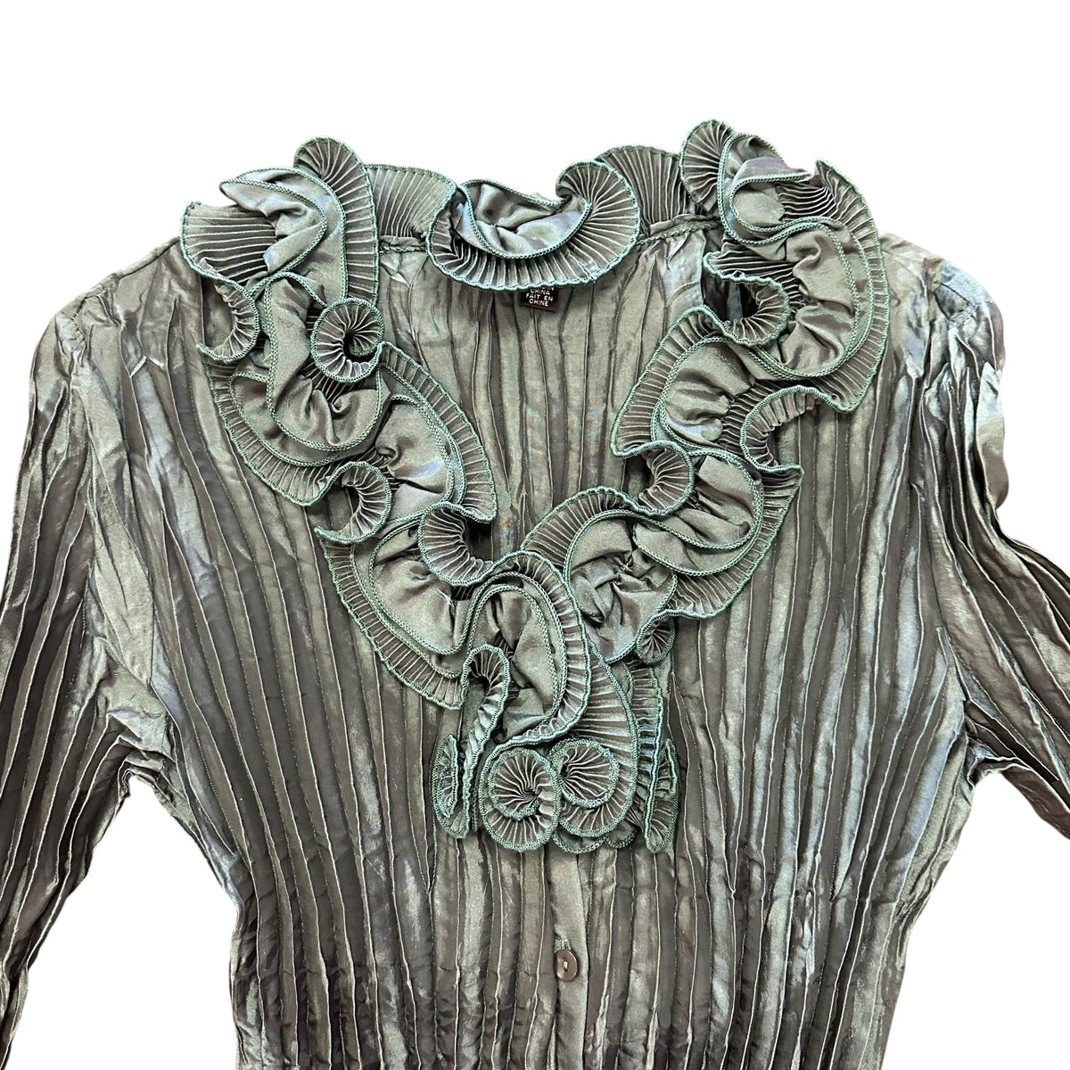 GREEN SATIN BLOUSE Y2K RUFFLE NECKLINE TRUMPET SLEEVES 100 SMALL