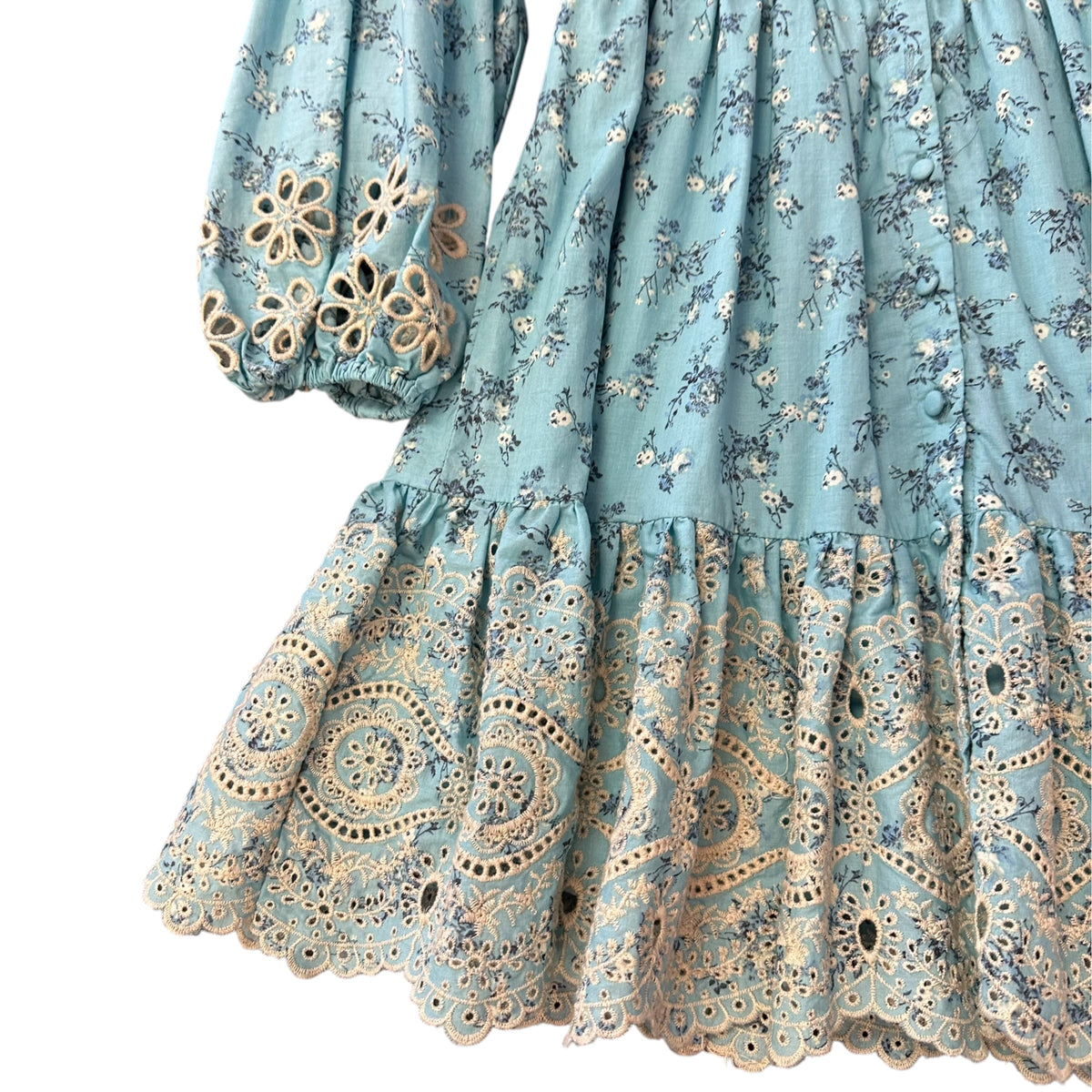 A COLLECTIVE STORY BLUE FLORAL EYELET DRESS 100 XS