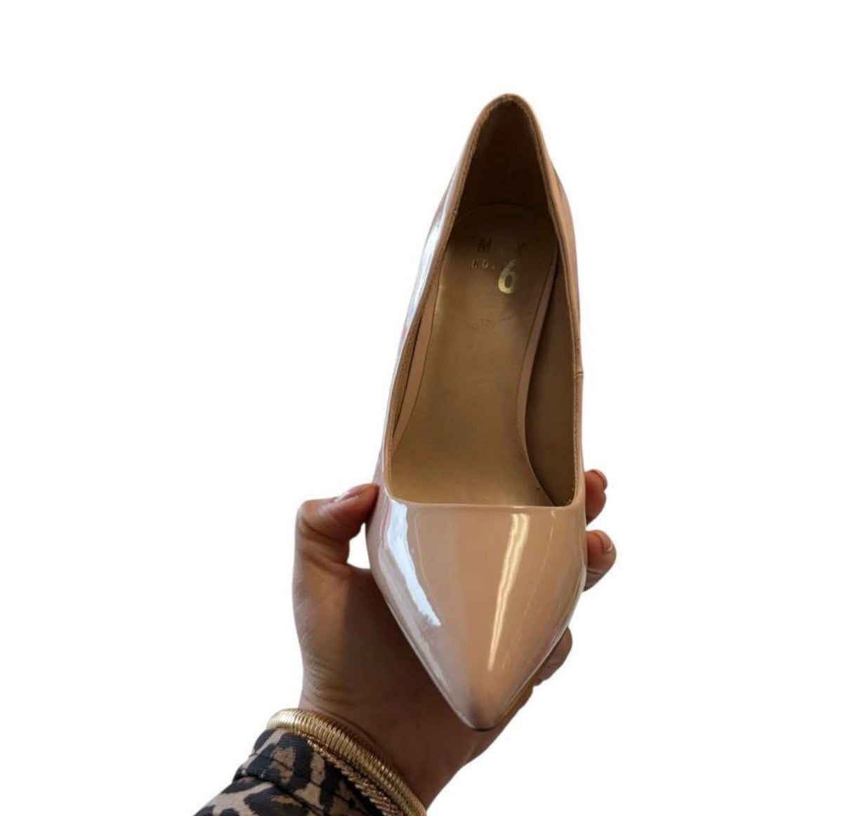 MIX NO 6 NUDE PATENT LEATHER STILETTO HEELS 84 SZ 7.5
