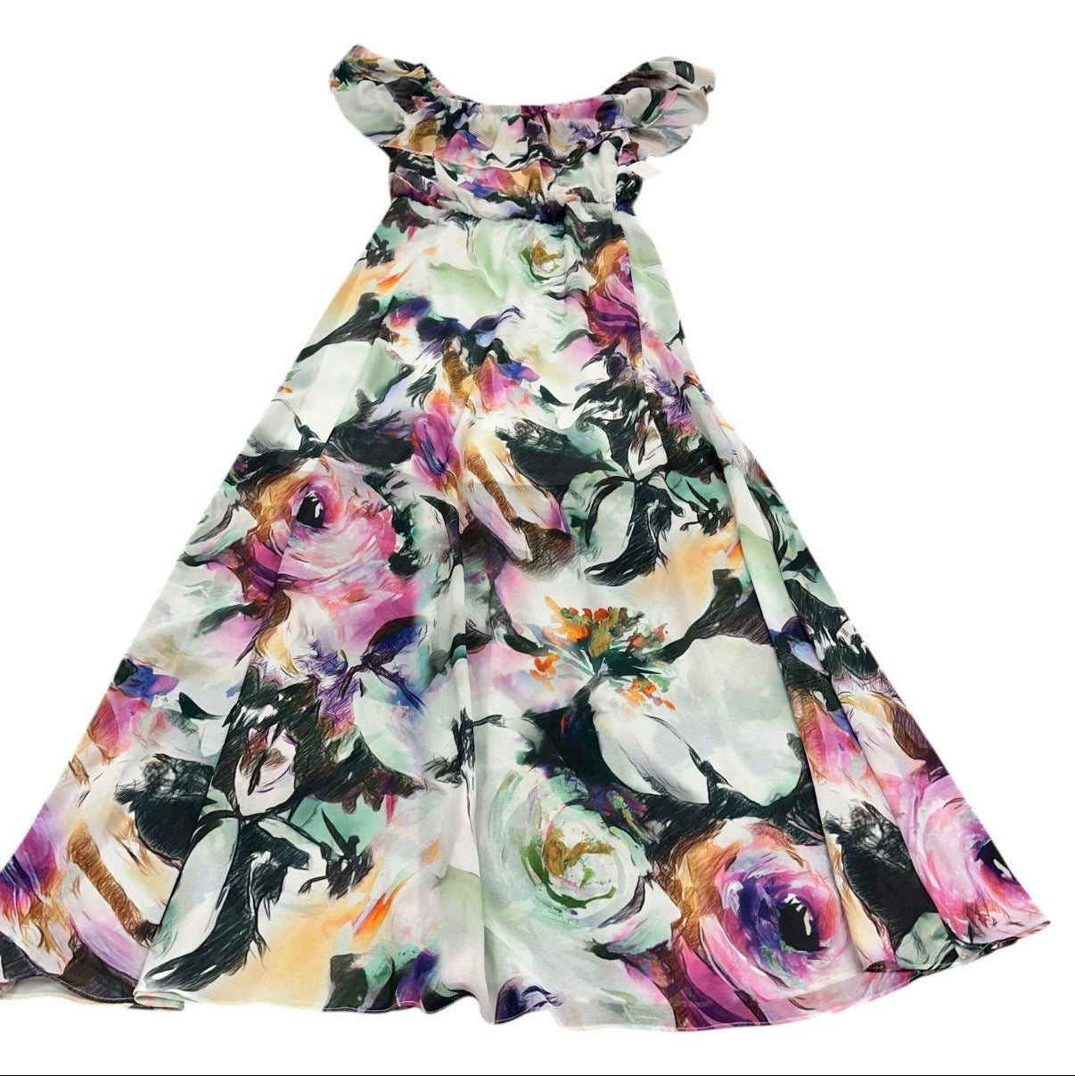 BETSEY JOHNSON WOMENS MAXI DRESS OFF SHOULDER RUFFLE FLORAL CHIFFON SZ 4