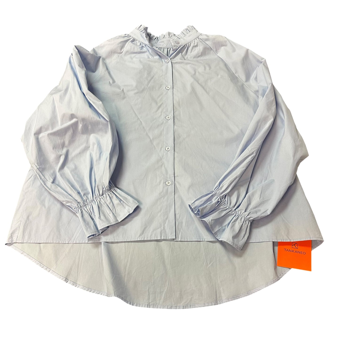 TANKANEO BLUE BUTTON BLOUSE RUFFLES NWT 100 LARGE