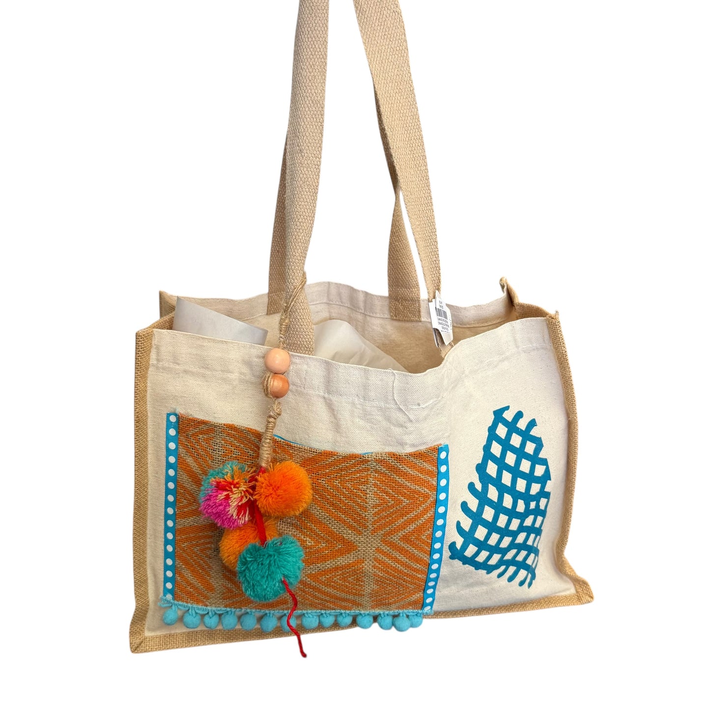 CANVAS SHOULDER BAG ORANGE BLUE POM POMS BURLAP 100 OS