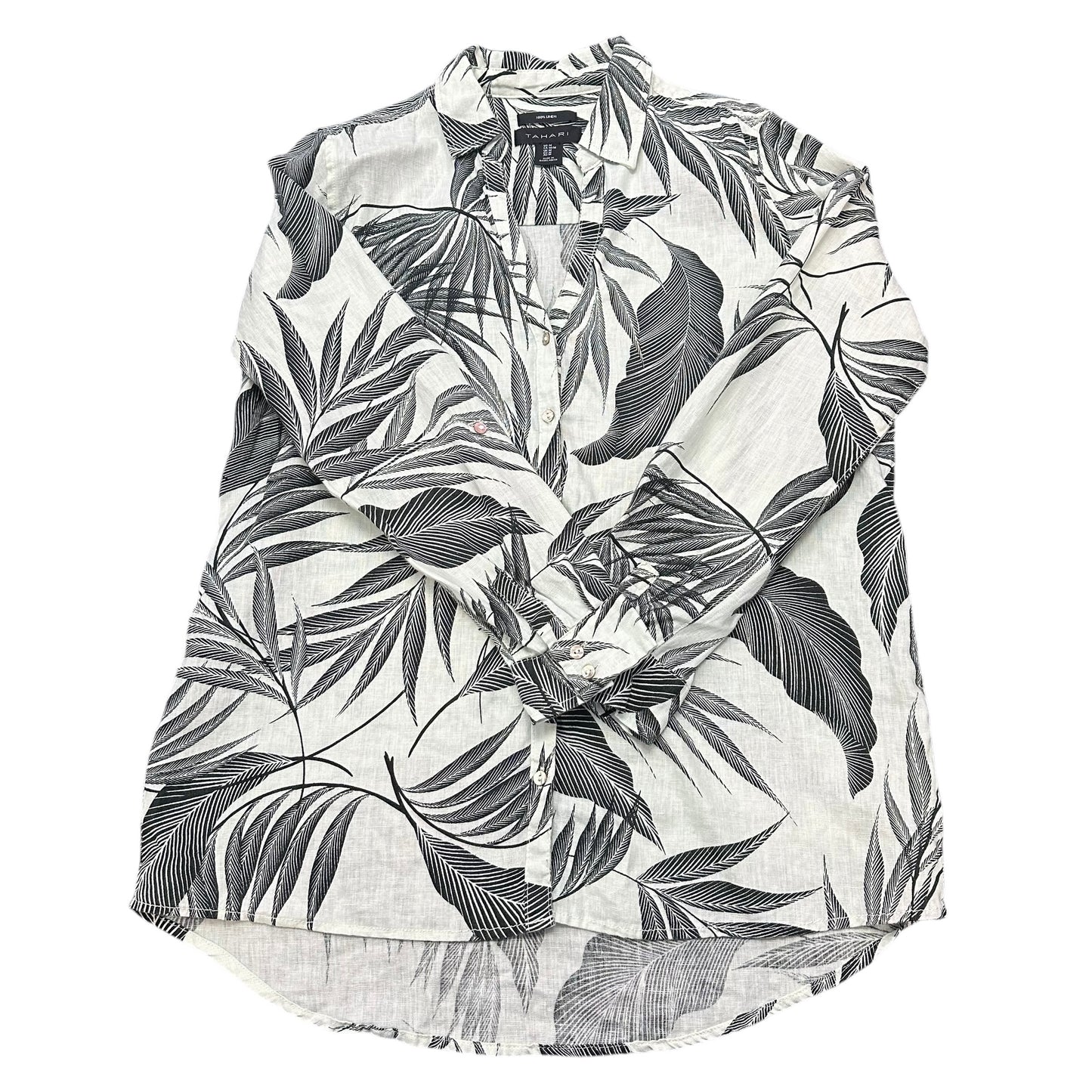 TAHARI TAN BLACK LEAF BUTTON UP BLOUSE 100% LINEN 39 MEDIUM