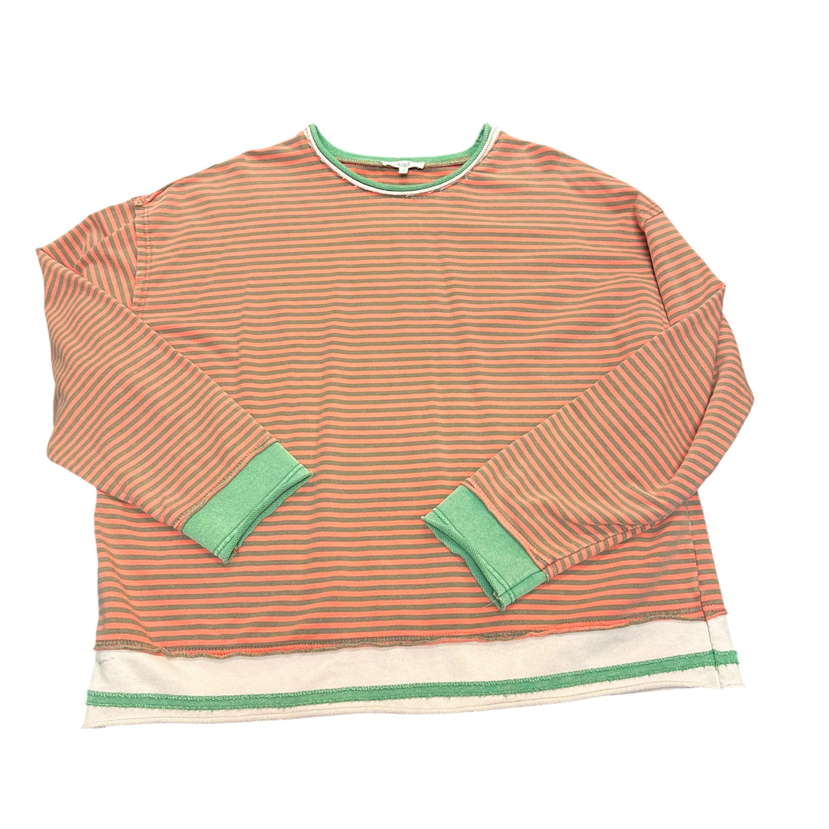 EASEL ORANGE GREEN STRIPED LONG SLEEVE RAW HEM GREEN CUFFS 38 SMALL