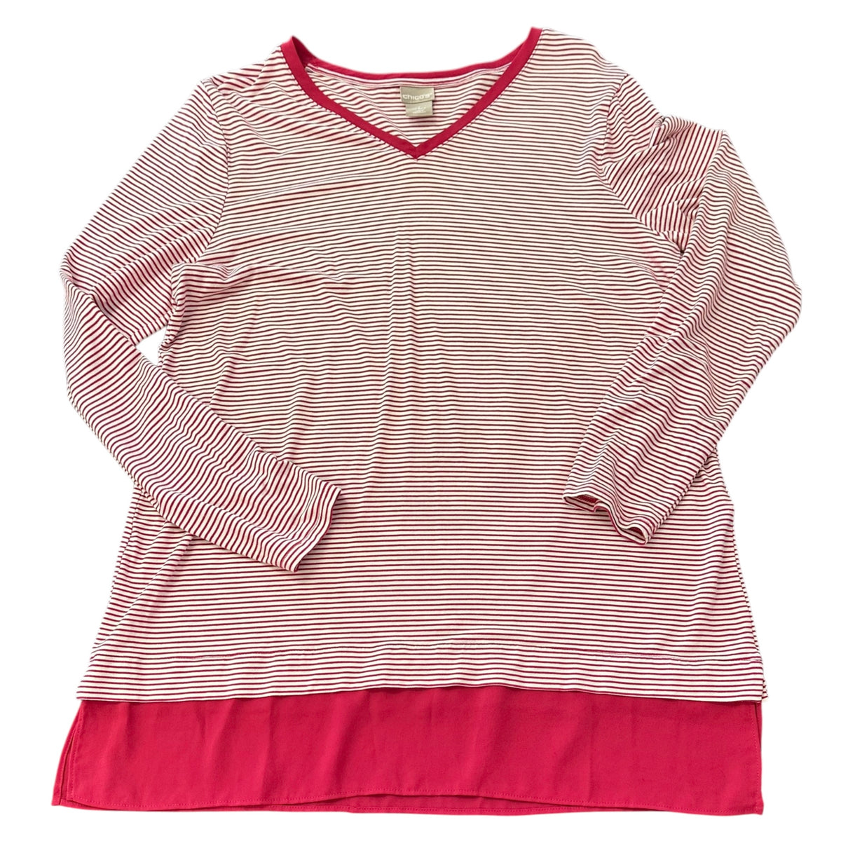 CHICOS WHITE PINK STRIPED LONG SLEEVE TOP 282 MEDIUM