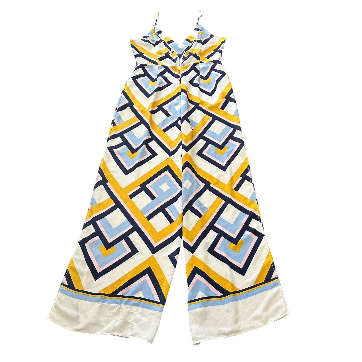 FOREVER 21 YELLOW BLUE WHITE PATTERNED JUMPSUIT 100 XL