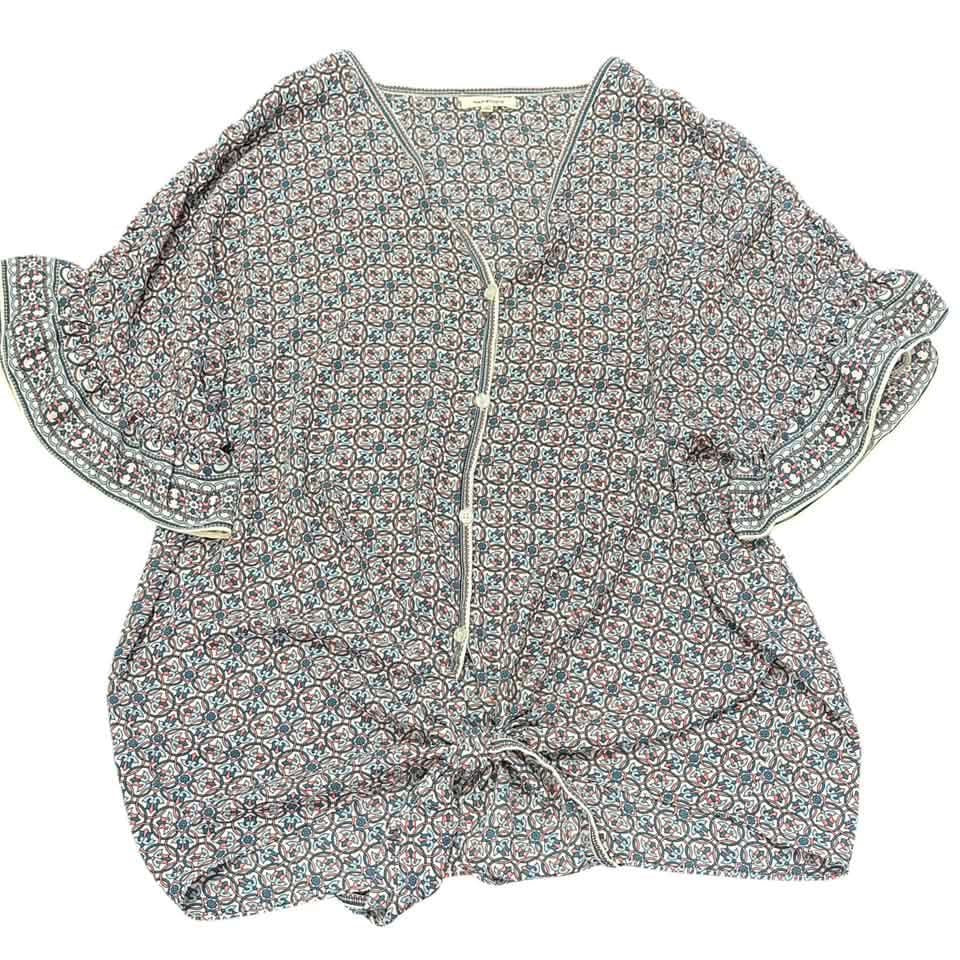 MAX STUDIO BLUE BEIGE BLOUSE TIE WAIST 100 1X