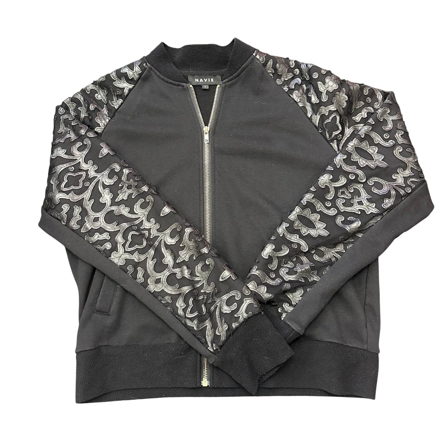 NAVIE BLACK FULL ZIP JACKET FAUX LEATHER SLEEVES 100 LARGE