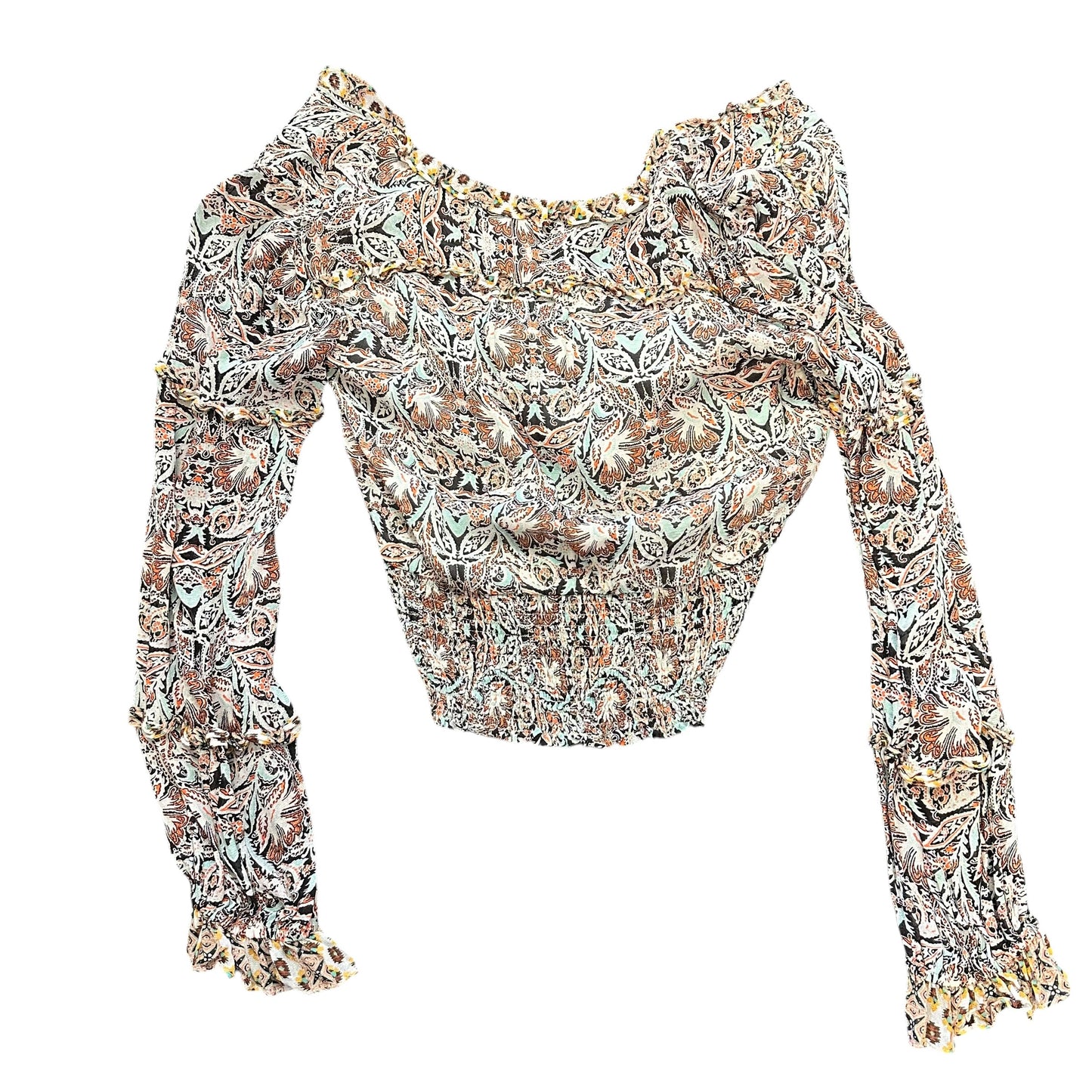 ANTHROPOLOGIE BEIGE FLORAL SMOCKED WAIST BLOUSE 14 MEDIUM