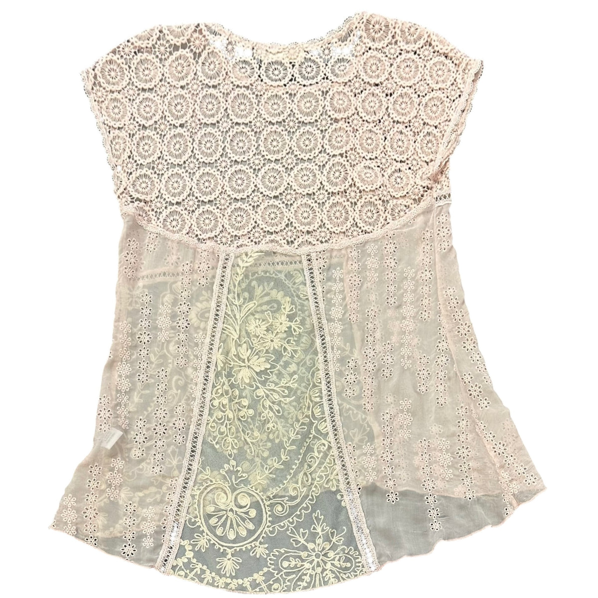 4 LOVE AND LIBERTY LIGHT PINK BEIGE LACE 100% SILK BLOUSE JOHNNY WAS 255 SMALL