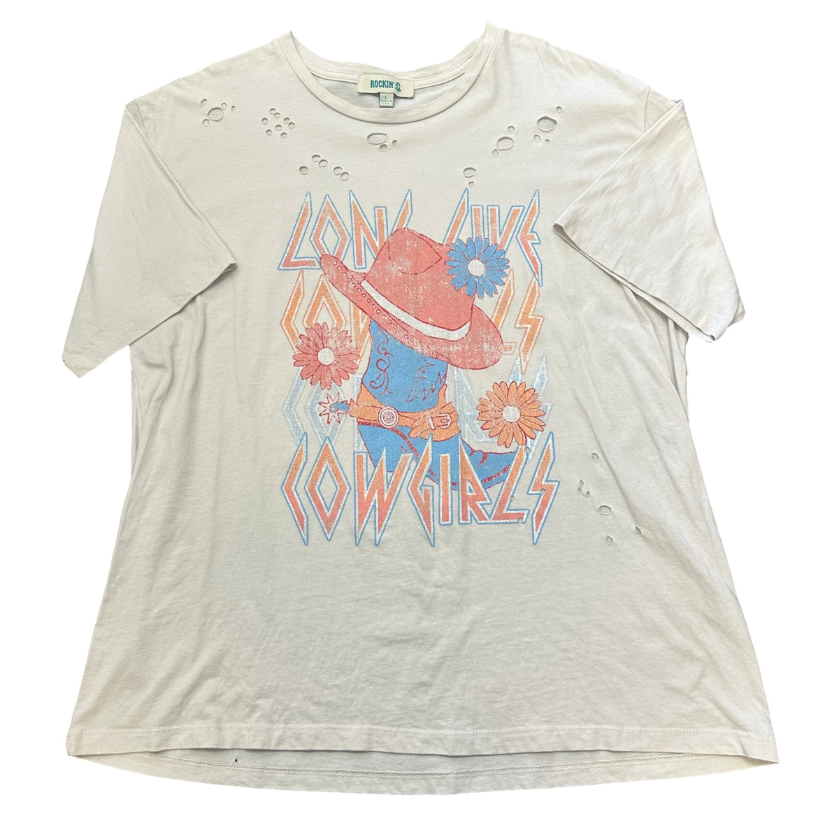 ROCKIN C BEIGE DISTRESSED TSHIRT 164 LARGE