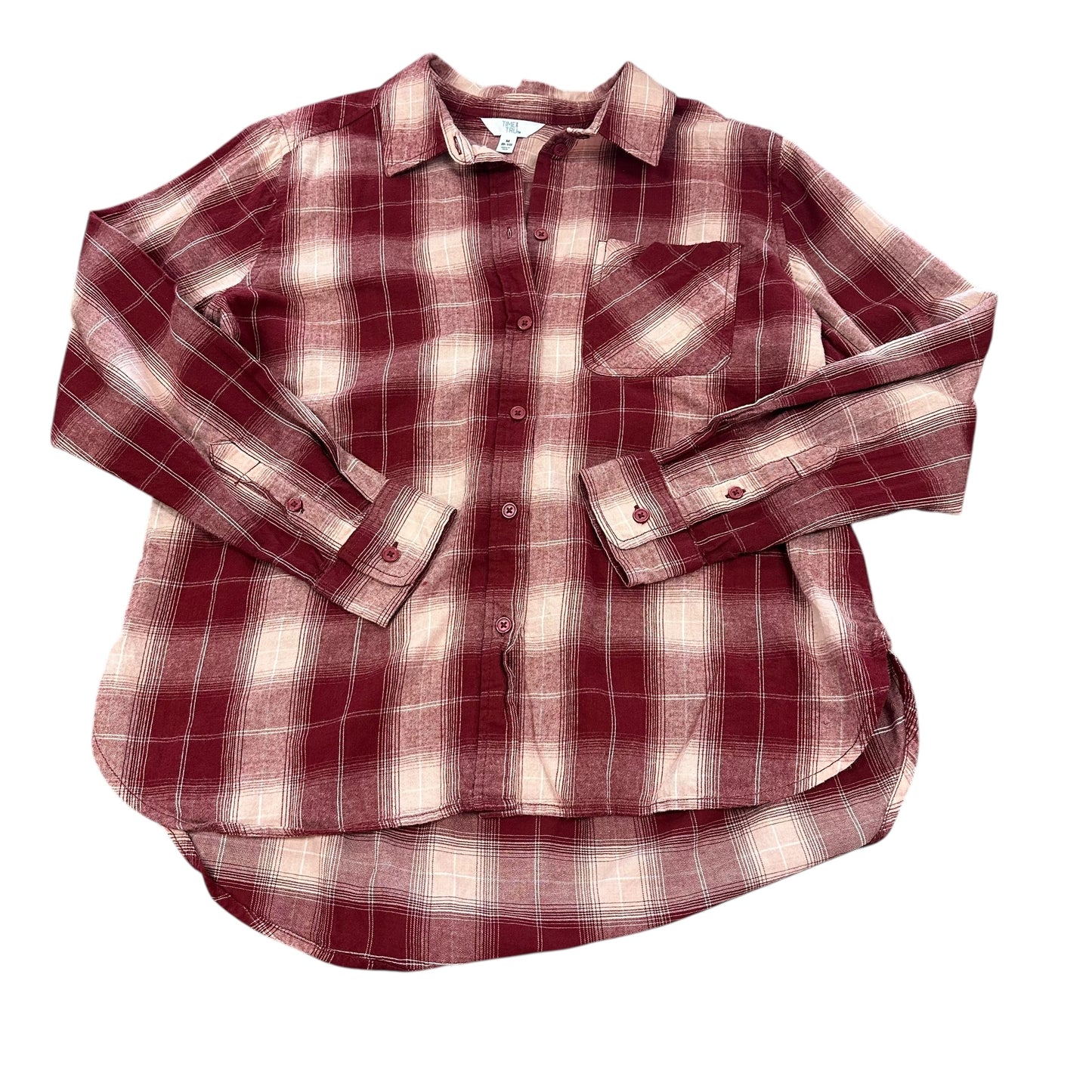 TIME & TRU MAROON PLAID BUTTON UP BLOUSE 125 MEDIUM