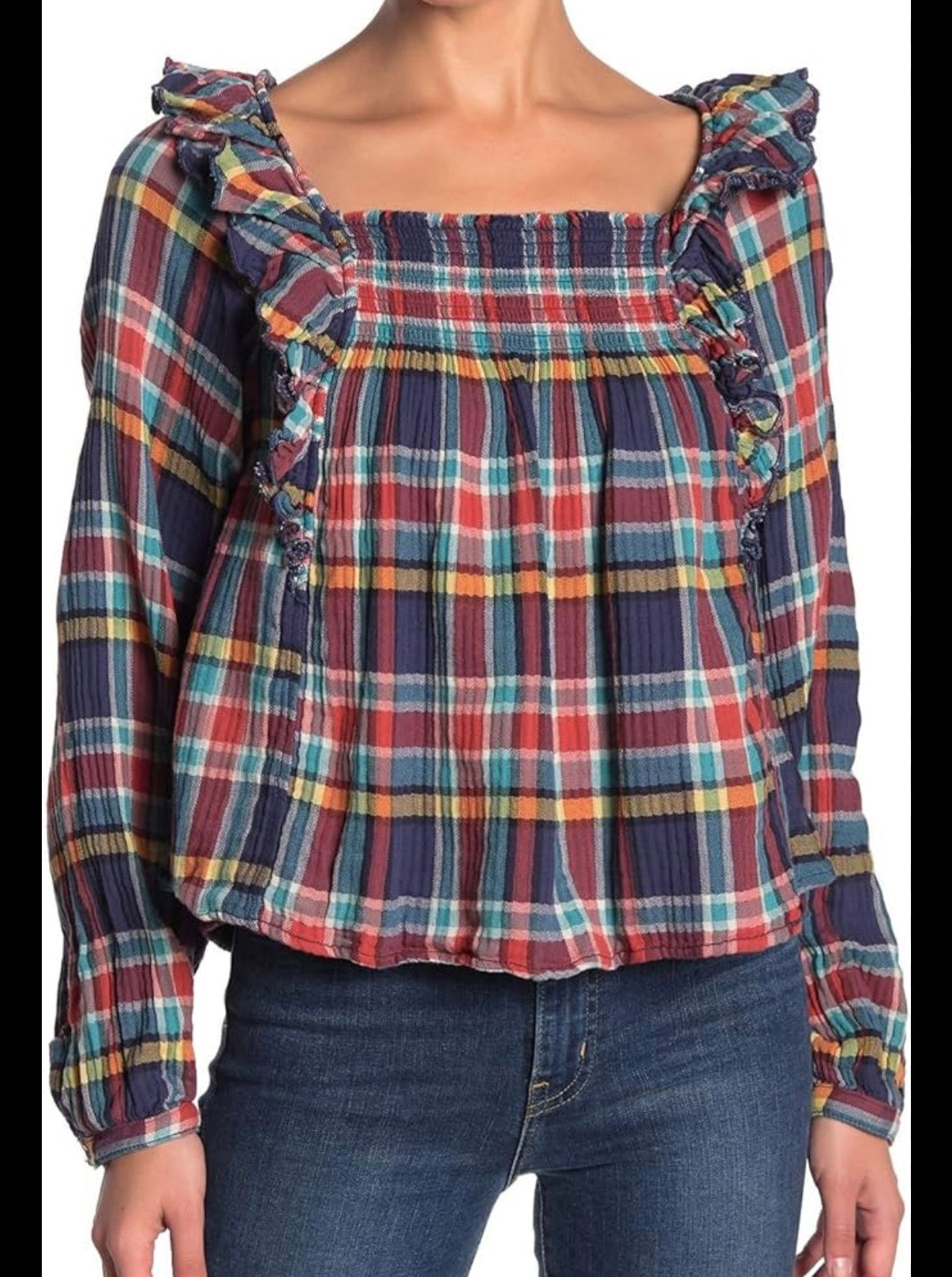 WE THE FREE FREE PEOPLE NAVY PLAID SMOCKED BLOUSE 259 SMALL