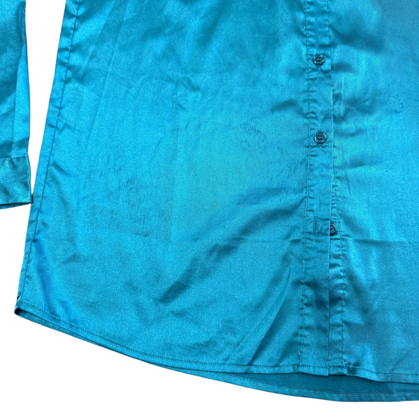 TURQUOISE SATIN LONG SLEEVE BUTTON DOWN BLOUSE 223 SMALL *SPOT