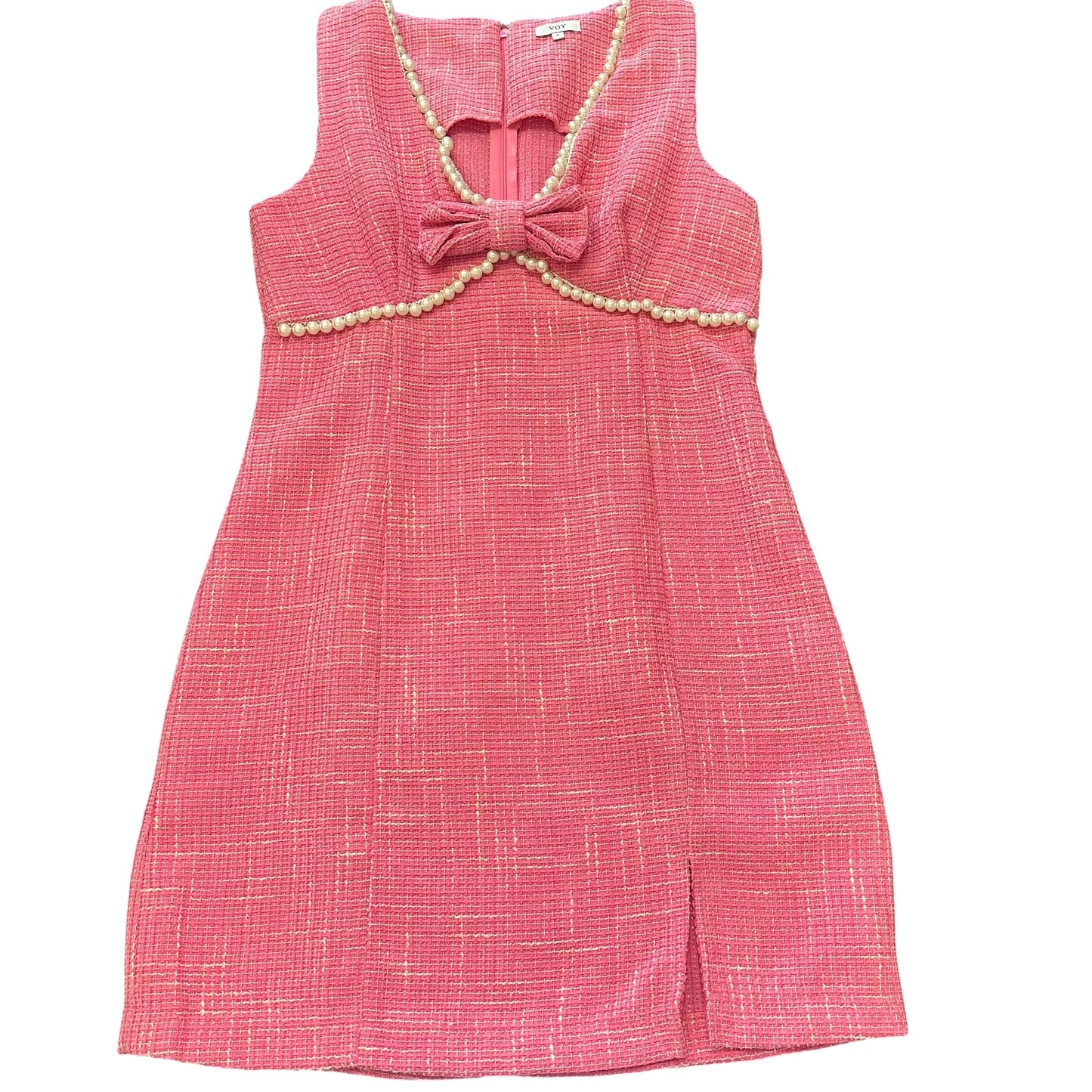 VOY PINK TWEED SHEATH MINI DRESS PEARLS BOW 100 SMALL
