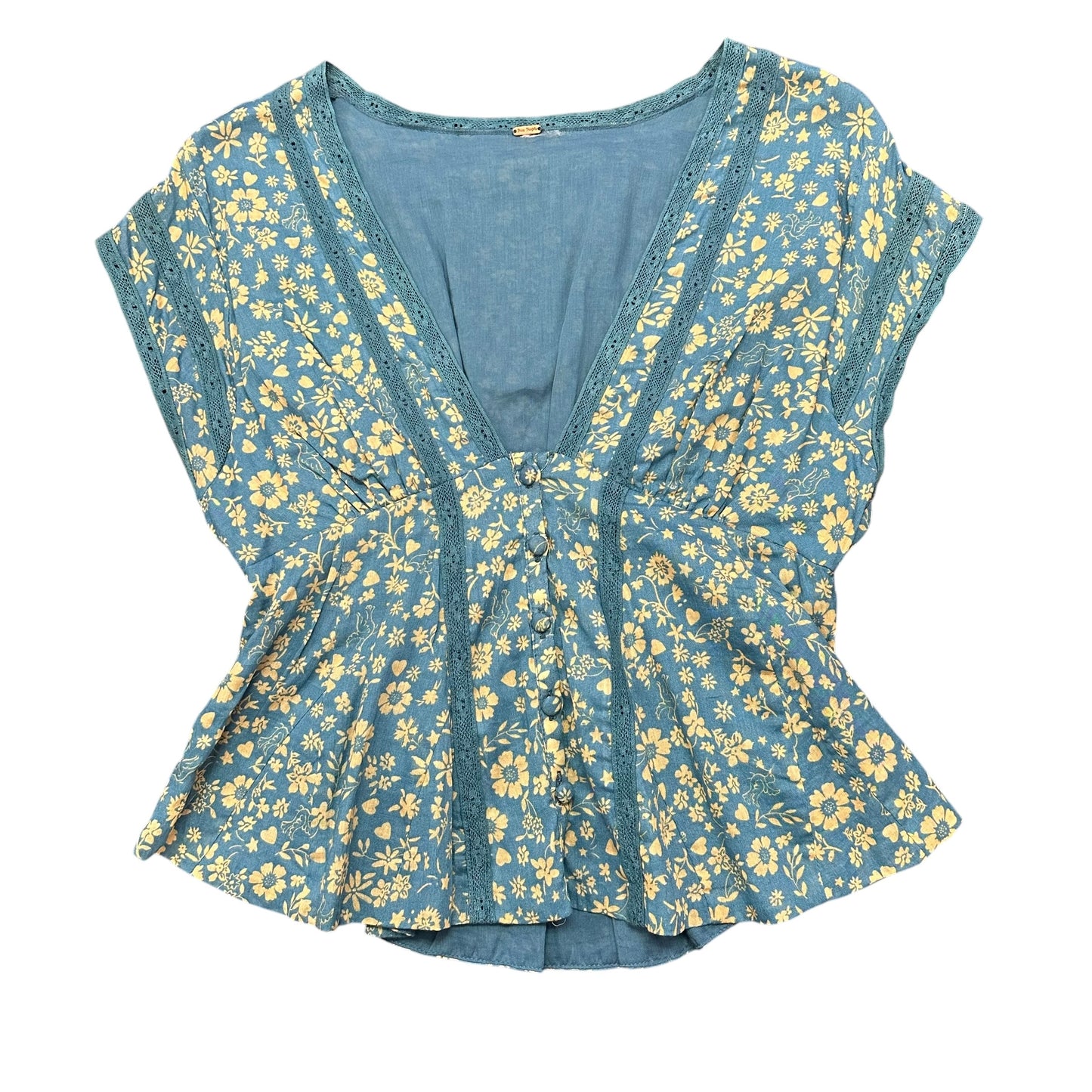 FREE PEOPLE BLUE YELLOW FLORAL BLOUSE NWOT 7 SMALL