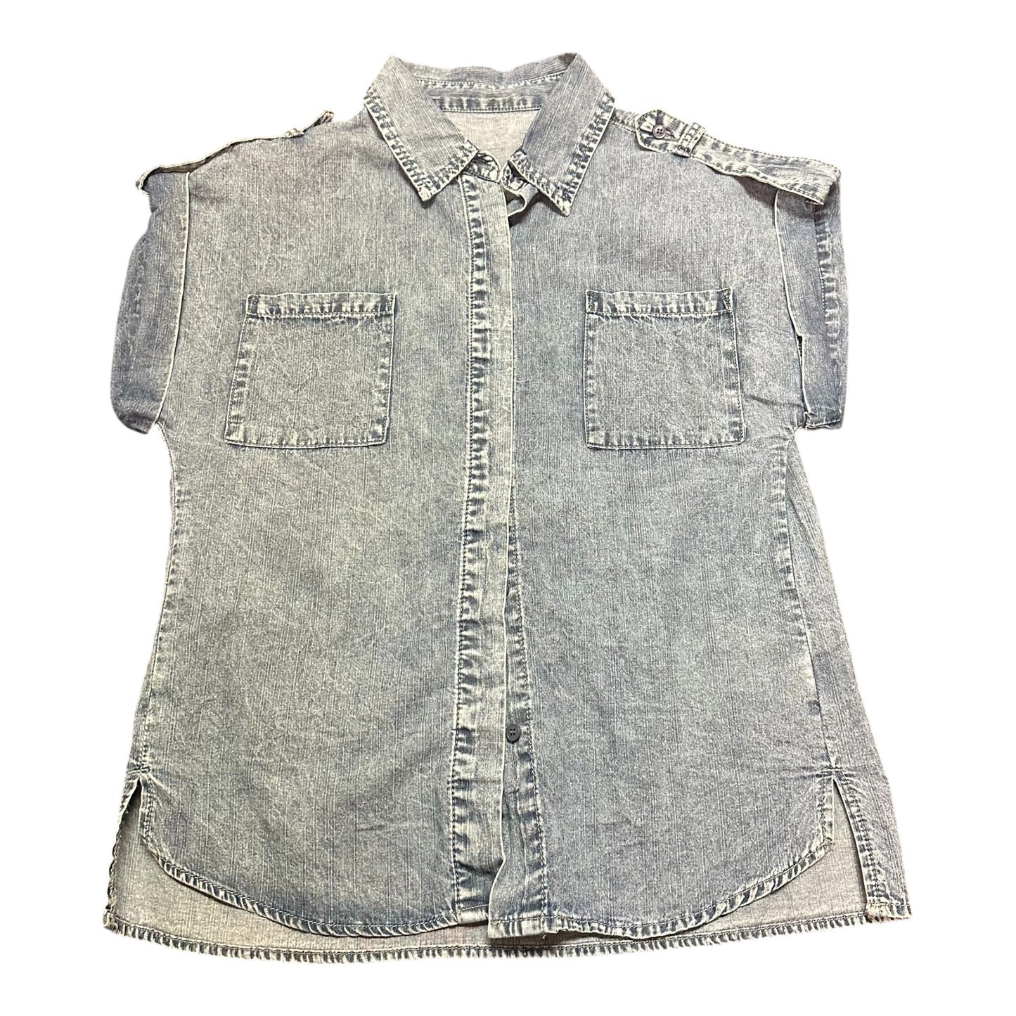 BLUE DENIM BUTTON UP SHORT SLEEVE BLOUSE 100 MEDIUM