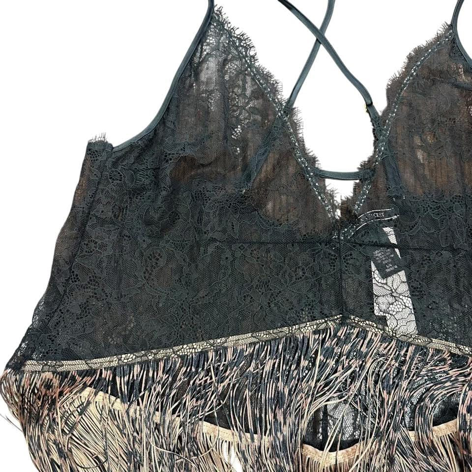 VICTORIA SECRET BLACK LACE FRINGE LINGERIE 138 NWT LARGE