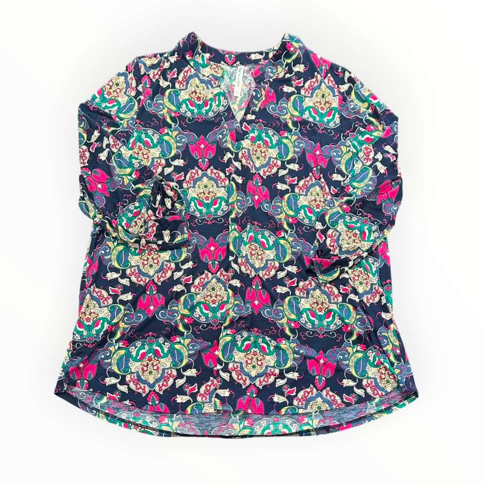 DEAR SCARLETT NAVY COLORFUL TUNIC BLOUSE NWOT 7 2X