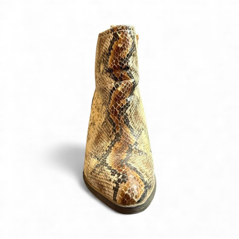 VERY VOLATILE BROWN BEIGE SNAKESKIN BOOTIES
SZ 8.5