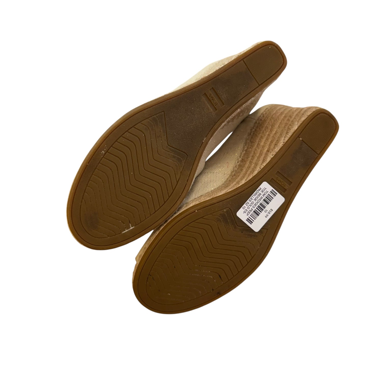 TOMS WEDGES PEEP TOE BEIGE GOLD ESPADRILLES SZ 10
