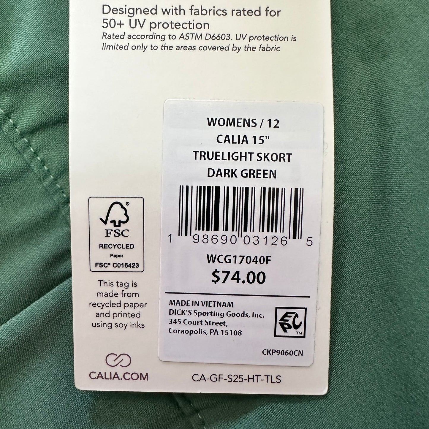 CALIA GREEN 15" TRUELIGHT SKORT DARK GREEN NWT $74 100 SZ 12