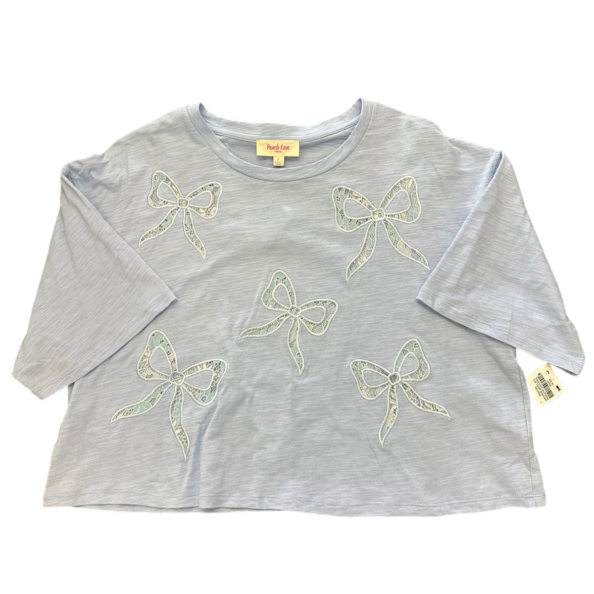 PEACH LOVE CALIFORNIA BLUE T-SHIRT BOWS NWT 100 LARGE