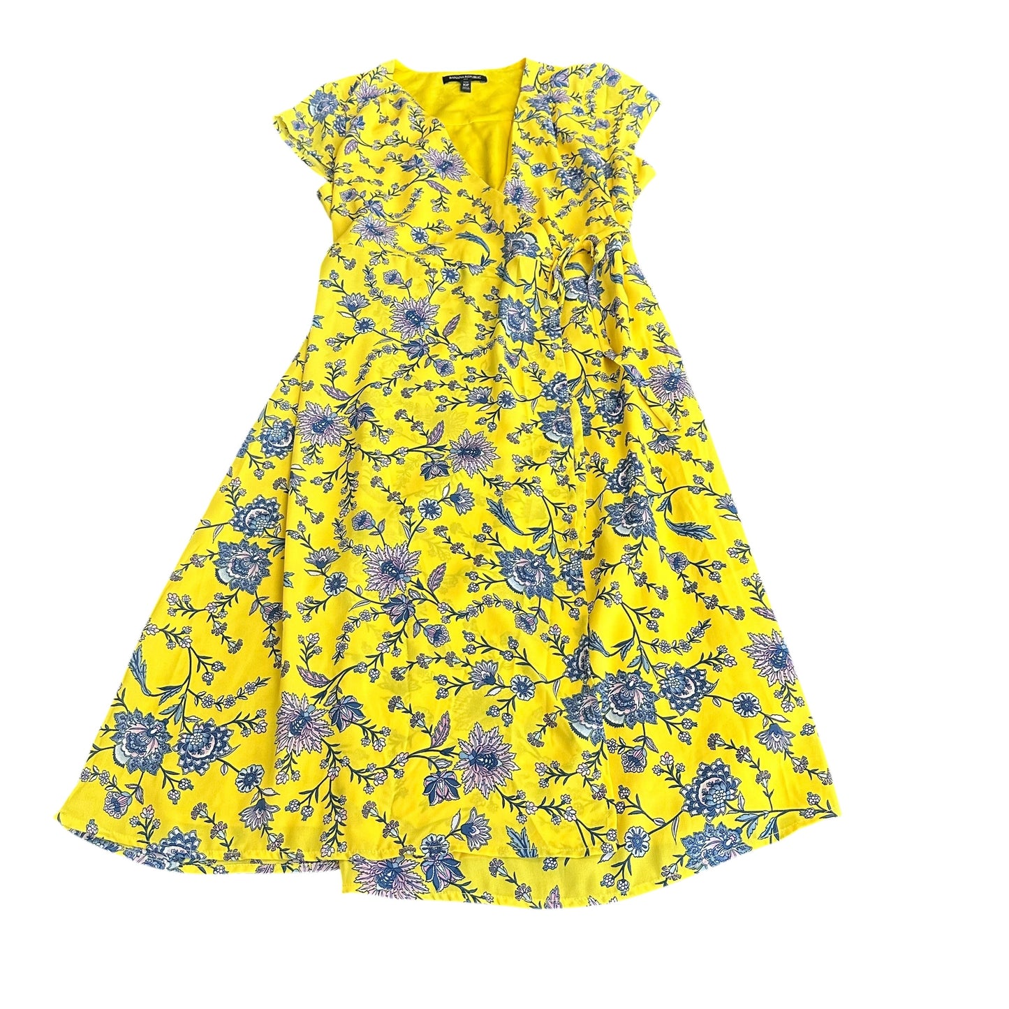 BANANA REPUBLIC YELLOW FLORAL WRAP DRESS 100 SZ 10 PETITE