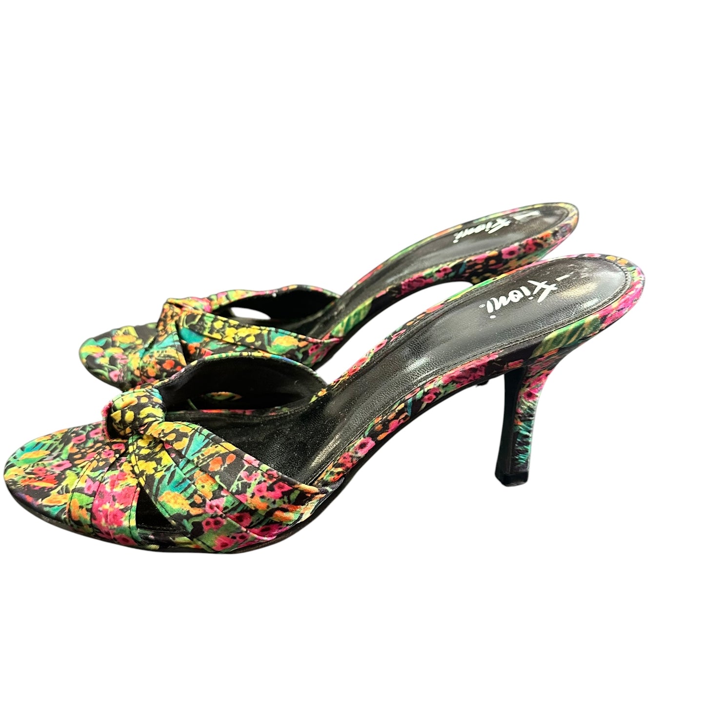 FIONI BLACK FLORAL SLIP ON HEELS 219 SZ 10