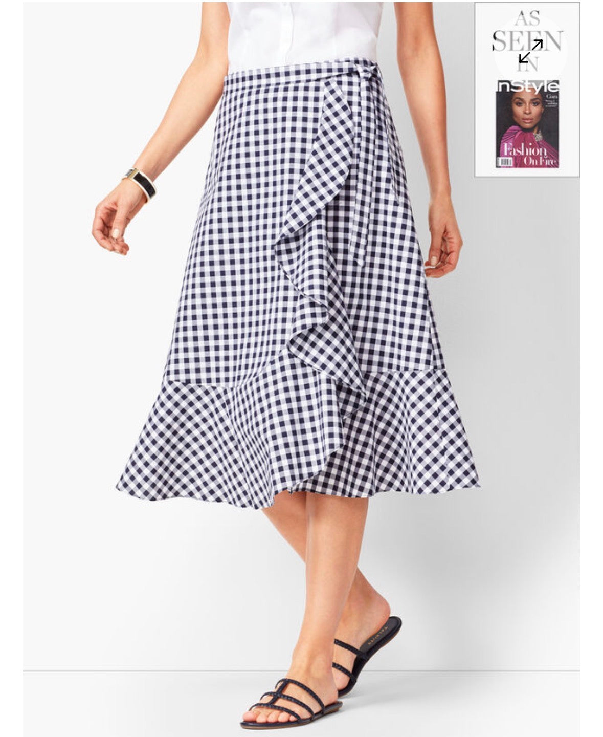 TALBOTS NAVY WHITE GINGHAM RUFFLE MIDI SKIRT 100 SZ 14