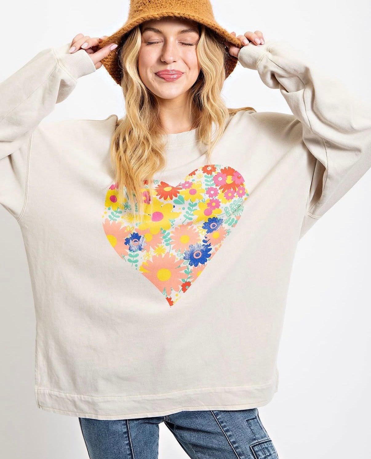 EASEL TAN OVERSIZED SWEATSHIRT HEART FLORAL 100 MEDIUM