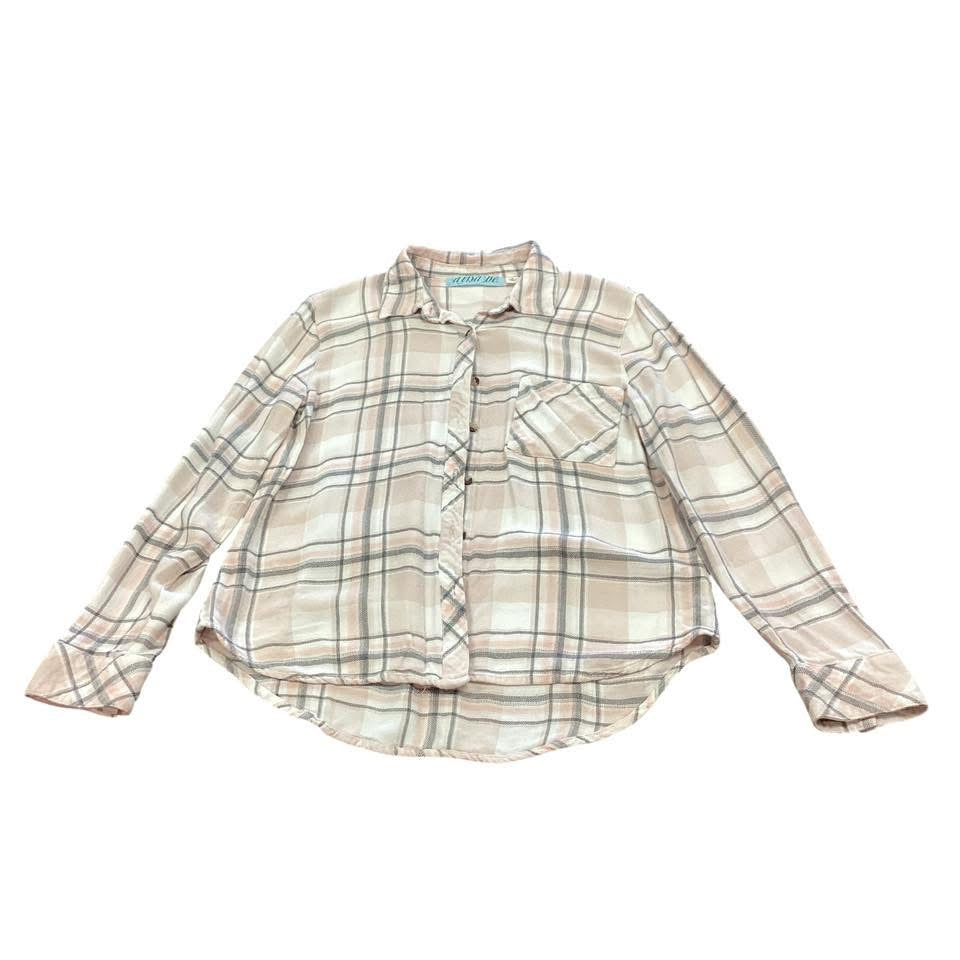 DINA BE LIGHT PINK GRAY PLAID BUTTON UP 238 SMALL