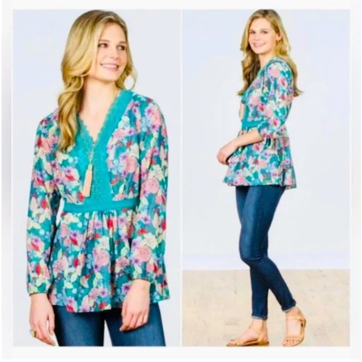 MATILDA JANE FLORAL TEAL PINK BLOUSE 100 LARGE