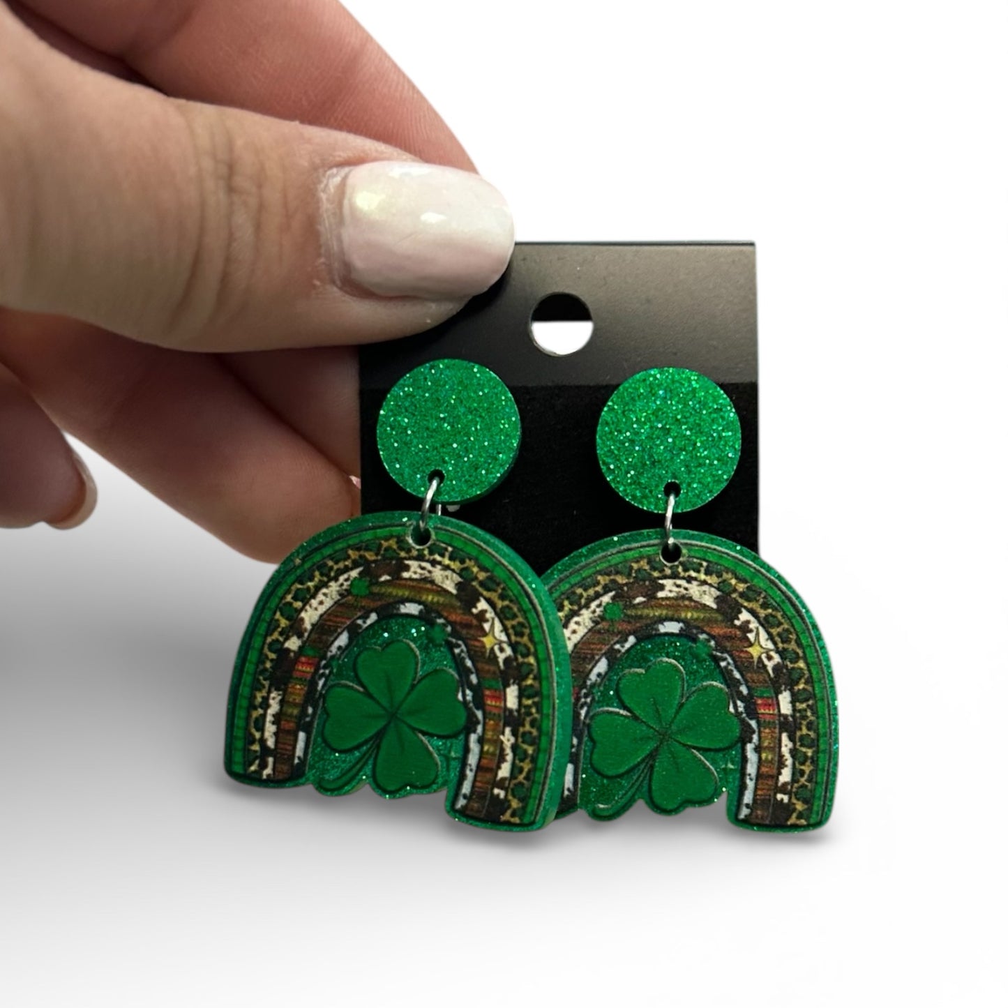 GREEN RAINBOW GLITTER ST PATTY'S DAY EARRINGS