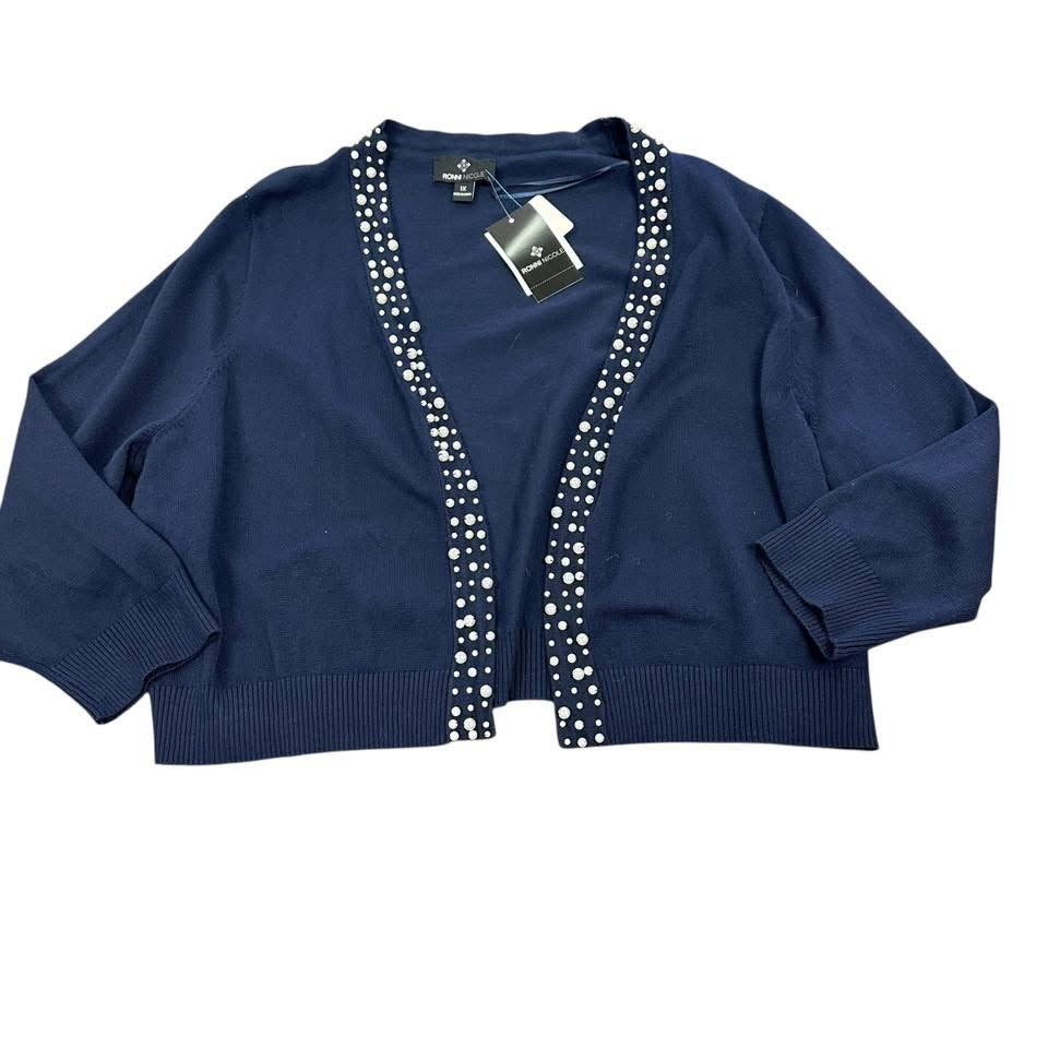 RONNI NICOLE NAVY OPEN CARDIGAN W PEARLS 100 1X NWT