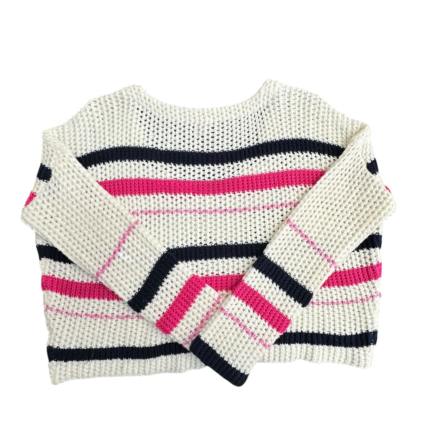 EN CREME BEIGE STRIPED PINK NAVY OPEN KNIT SWEATER MEDIUM