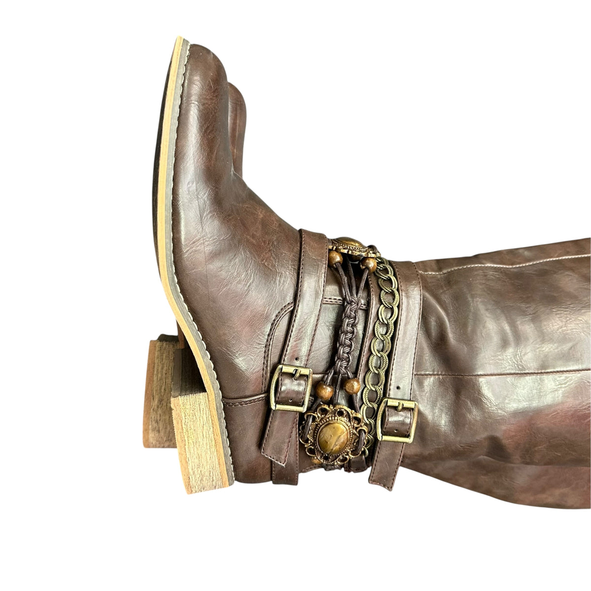 BROWN VEGAN LEATHER RIDING BOOTS EMBELLISHED 100 SZ 7