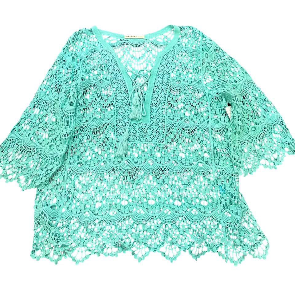 ORIGAMI CROCHET TURQUOISE 3/4 SLEEVE BLOUSE 83 MEDIUM