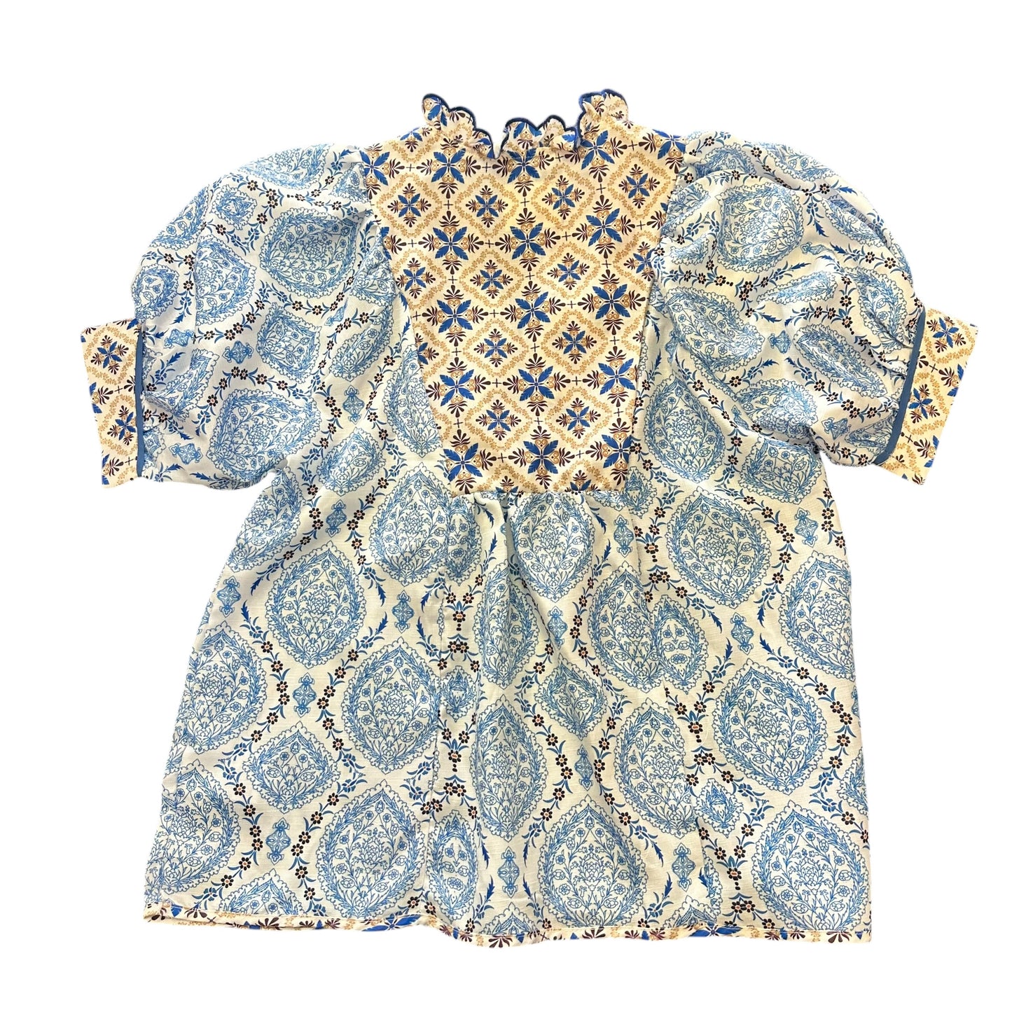UMGEE BLUE PATTERNED SMOCKED NECKLINE BLOUSE 15 SMALL