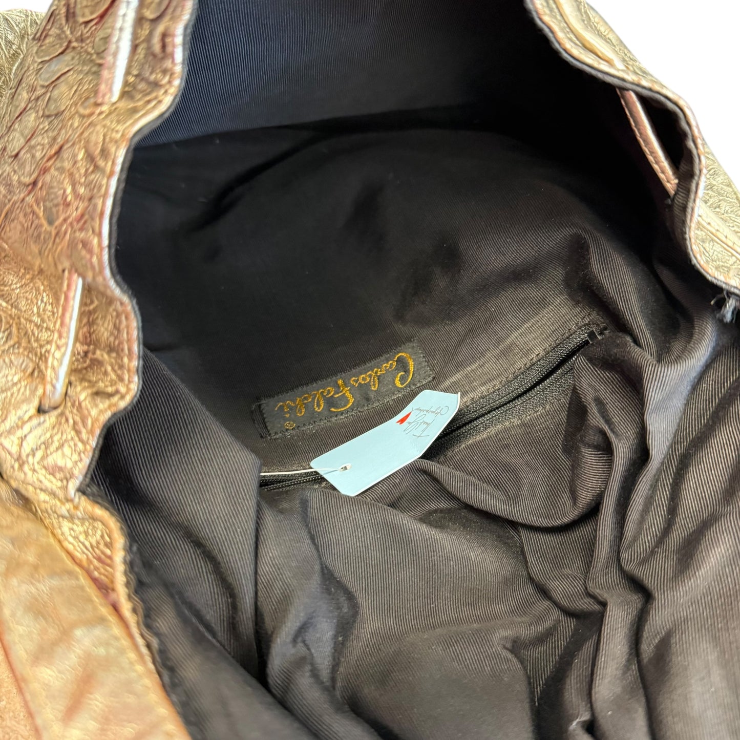 CARLOS FLACHI BUTTERFLY BAG VINTAGE METALLIC GOLD REPTILE EMBOSSED LEATHER 100