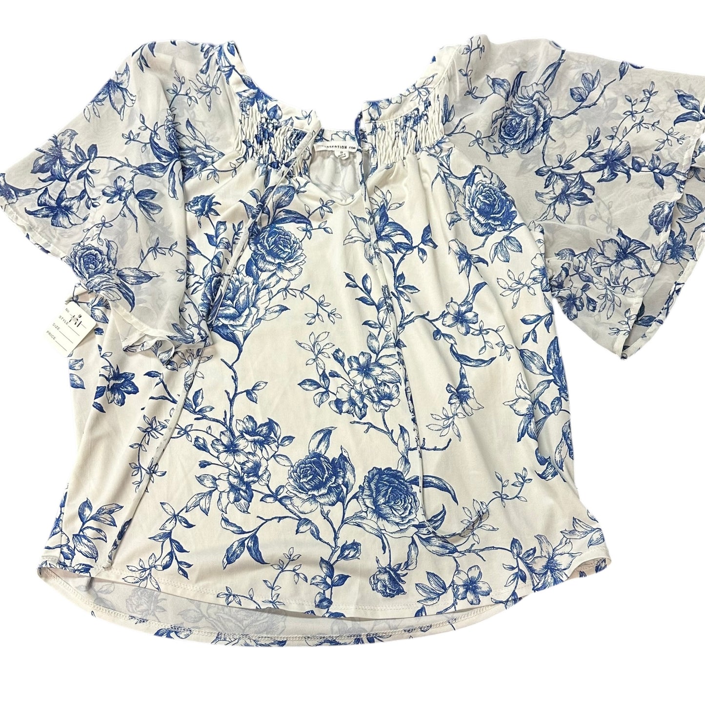 PERSEPTION CONCEPT BLUE WHITE FLORAL BLOUSE FLUTTER SLEEVES 171 SMALL