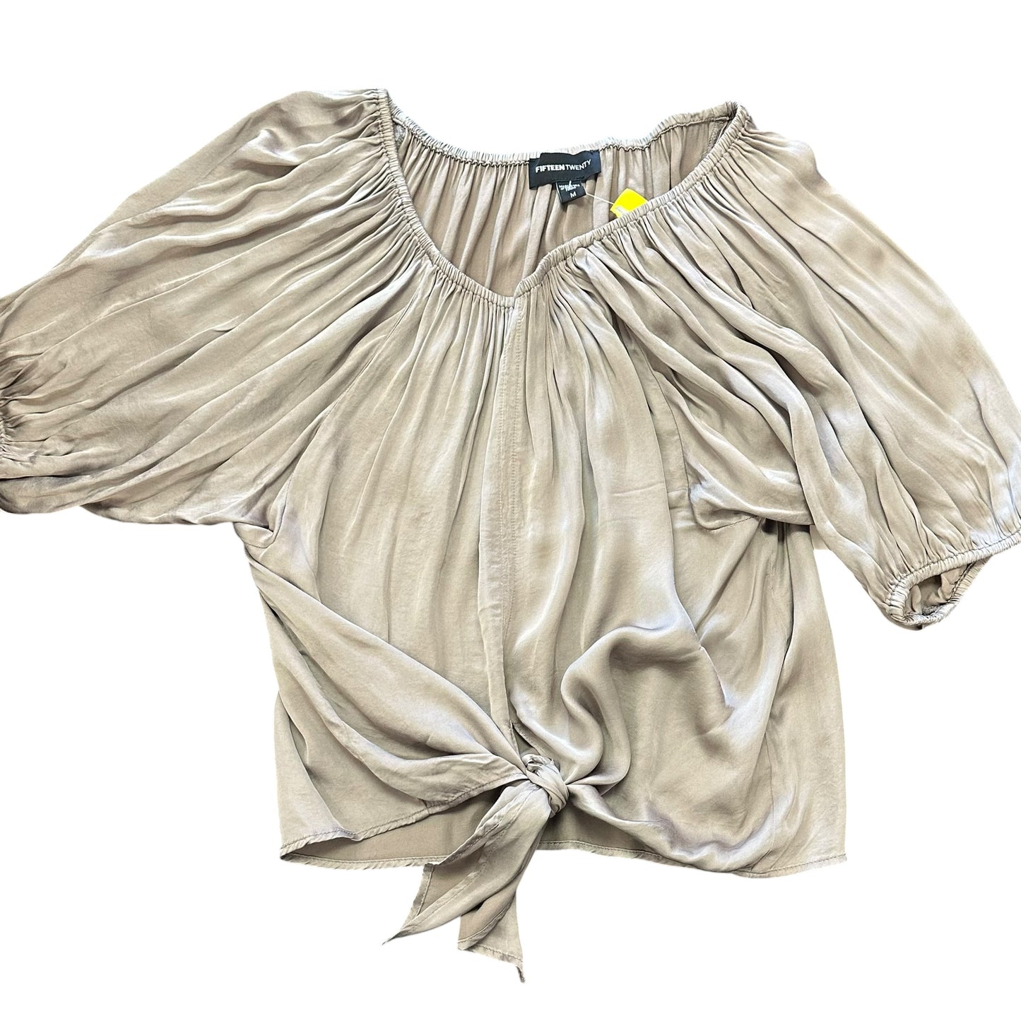 FIFTEEN TWENTY GRAY SATIN BLOUSE PUFF SLEEVES TIES NWT 249 MEDIUM