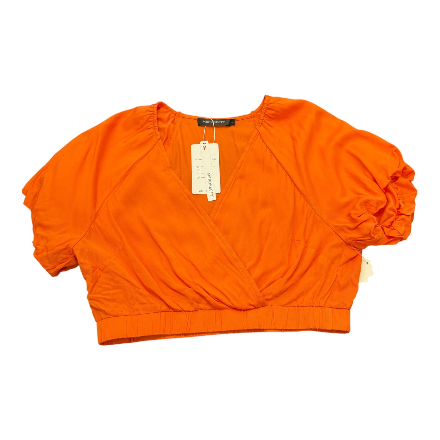 MEROKEETY ORANGE CROPPED PUFF SLEEVE BLOUSE NWT 100 LARGE