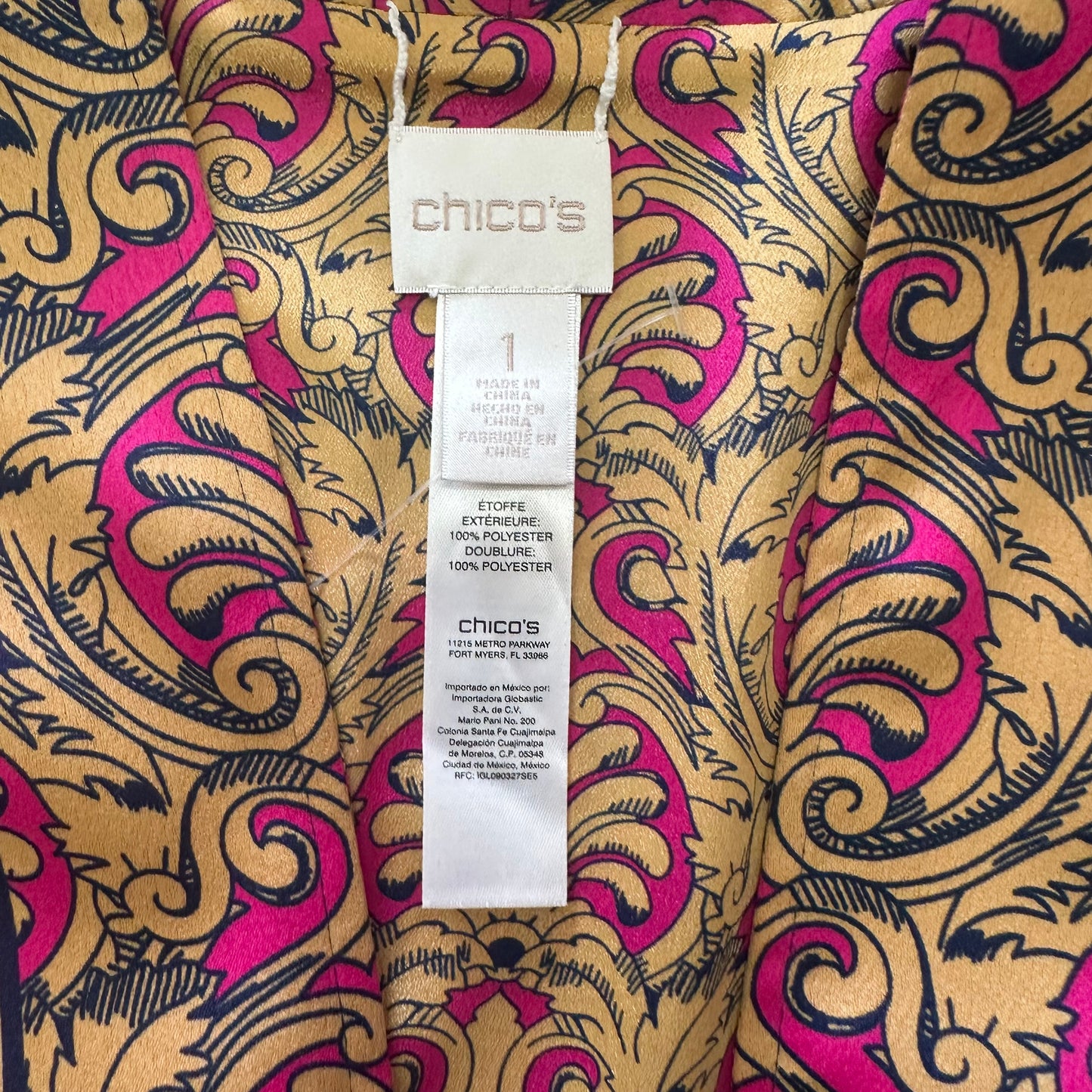 CHICO'S PINK NAVY PATTERNED CARDIGAN 100 SZ 1 MEDIUM