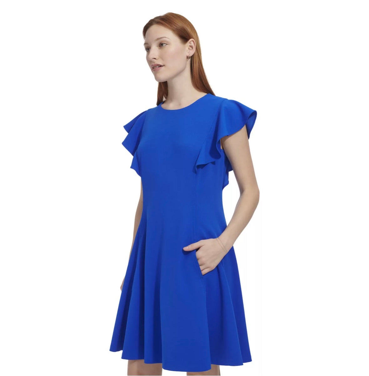 ANDREW MARC BLUE FIT FLARE DRESS RUFFLE 100 SZ 10