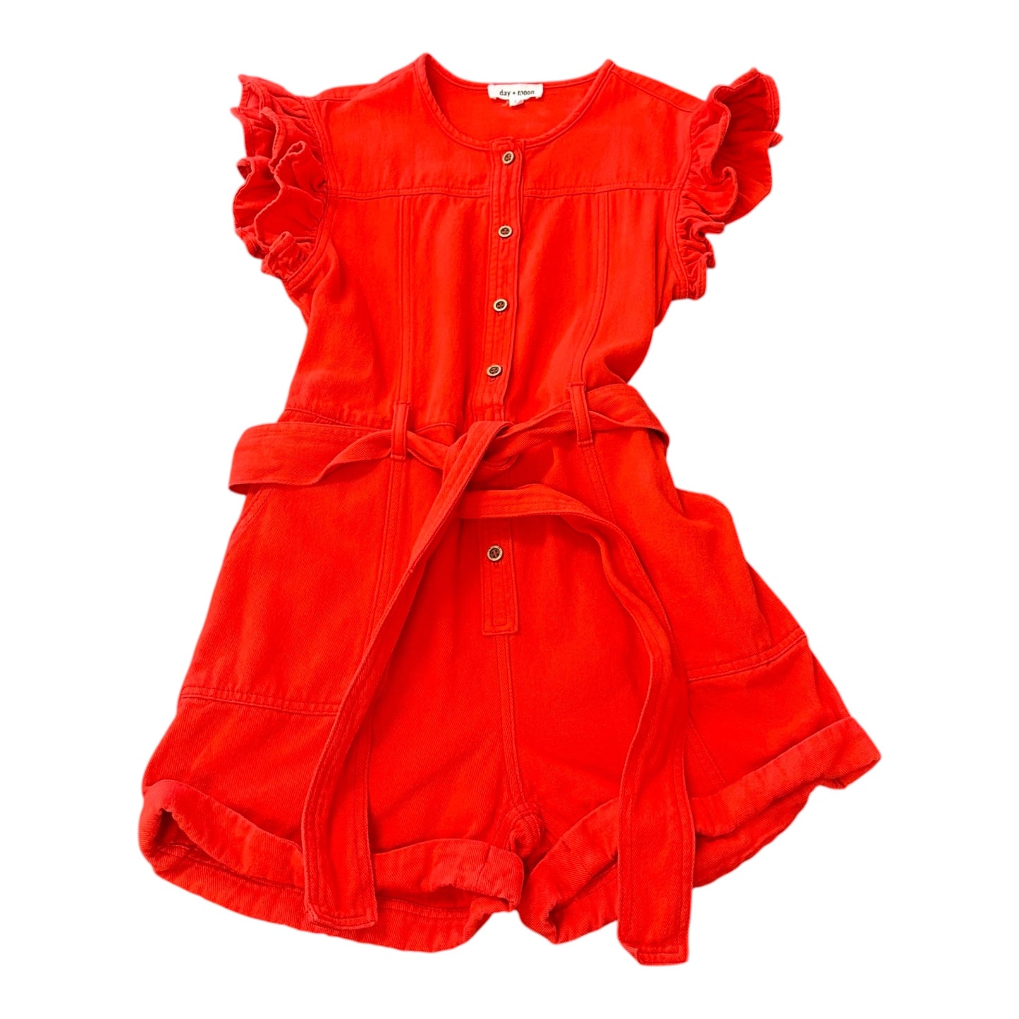 DAY & MOON RED DENIM ROMPER RUFFLES BELTED 100 MEDIUM