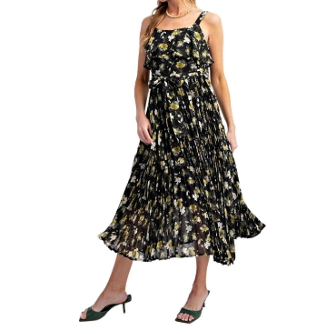 EASEL BLACK YELLOW FLORAL MIDI DRESS PLEATED 170 SMALL