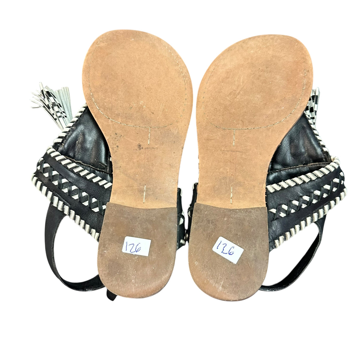 VINCE CAMUTO REBEKA TASSEL BLACK WHITE LEATHER SANDALS 126 SZ 7.5